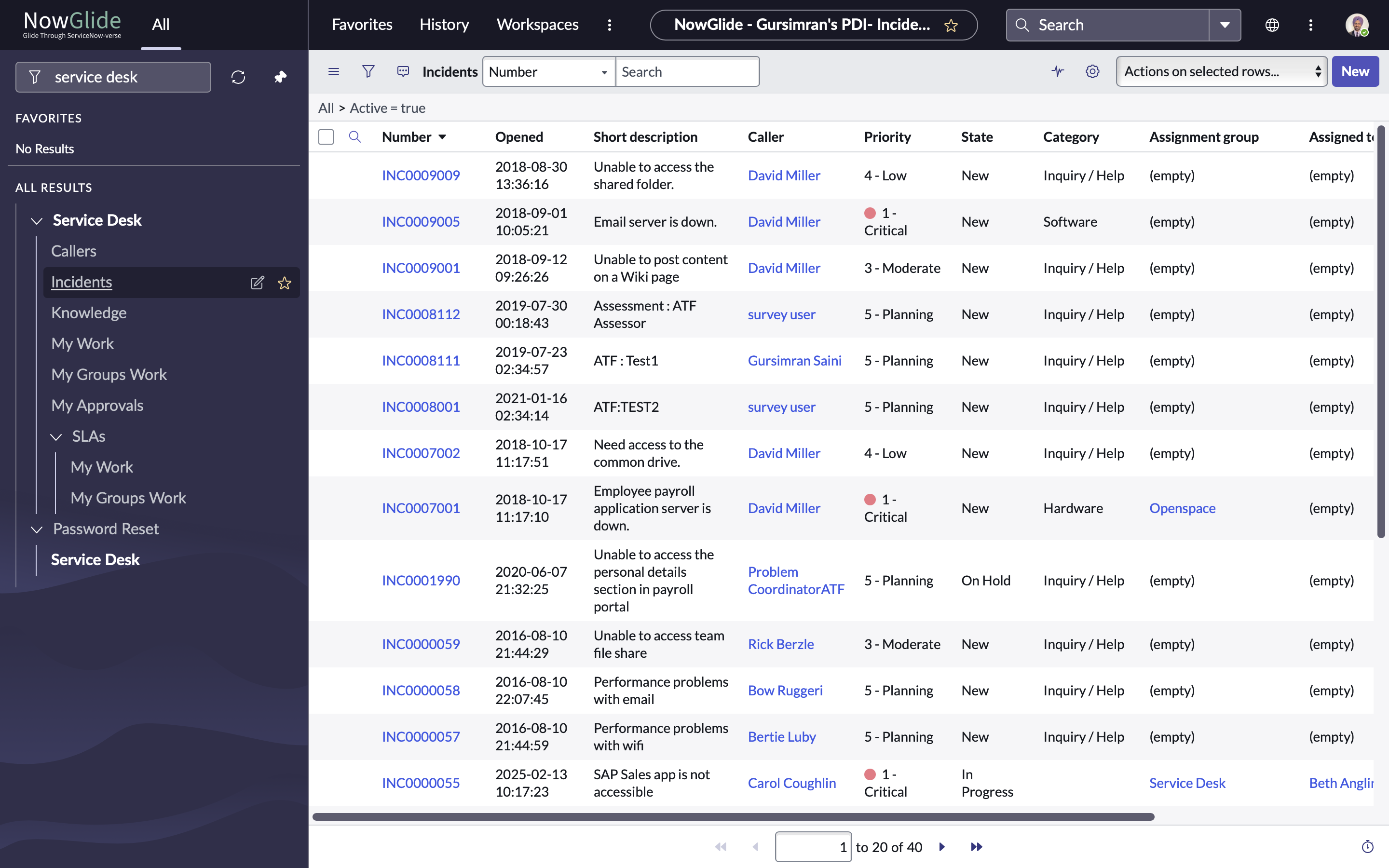 ServiceNow Incidents List