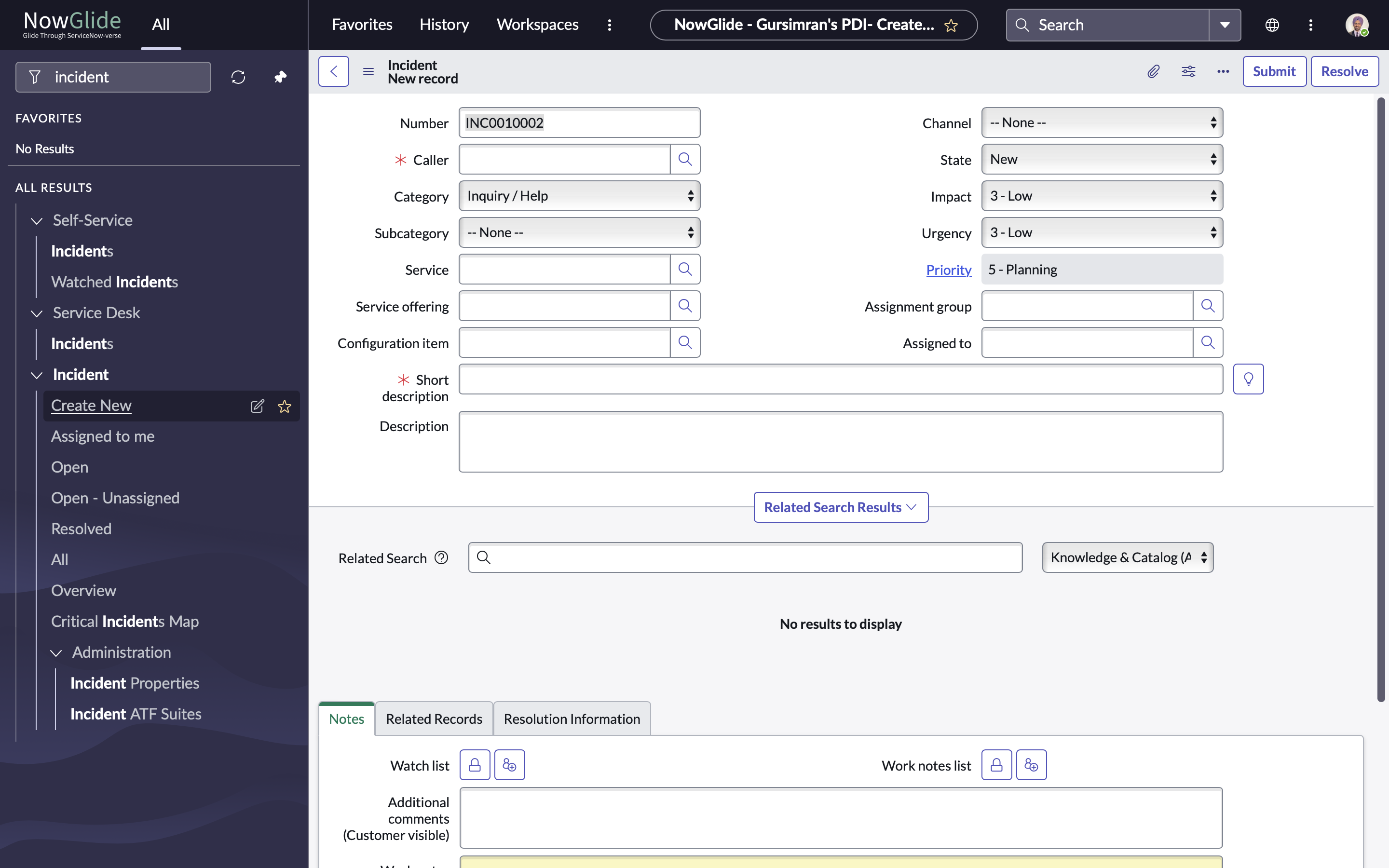 ServiceNow create new incident example