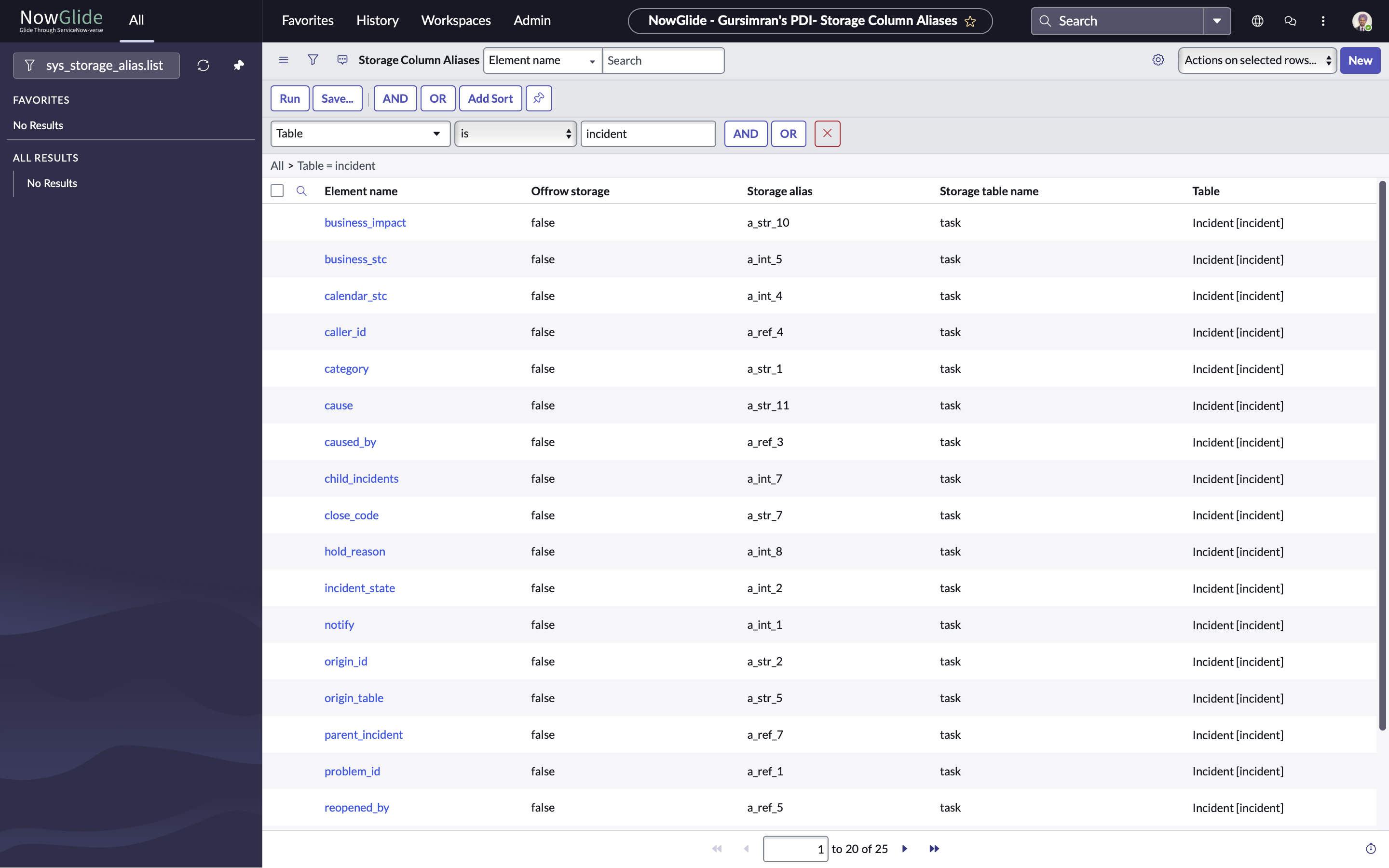 ServiceNow Incident Storage Aliases showing how the physical storage table is Task