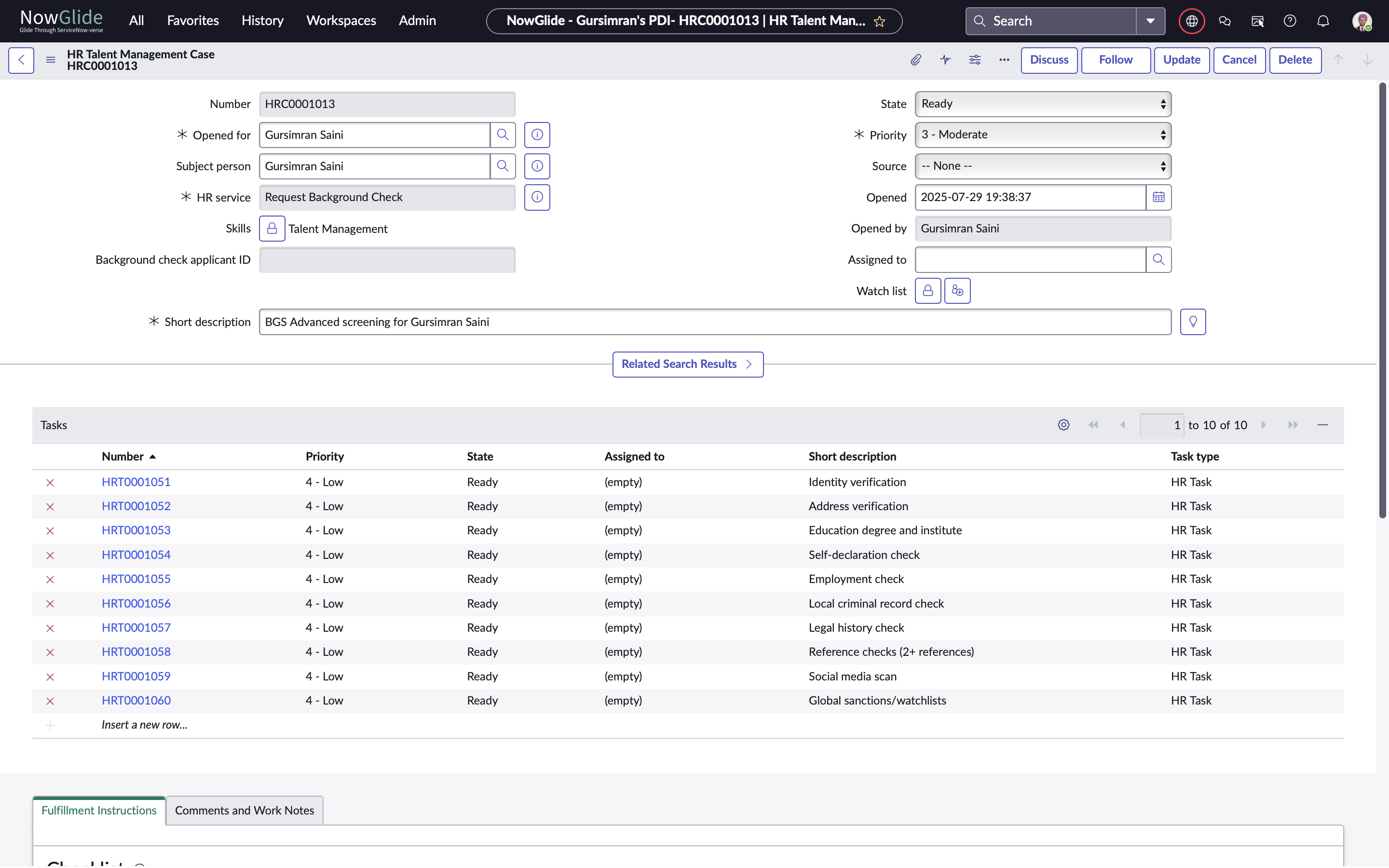 ServiceNow HRSD BGS sample case