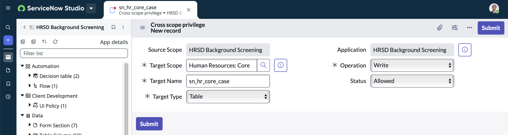 ServiceNow create cross-scope privilege