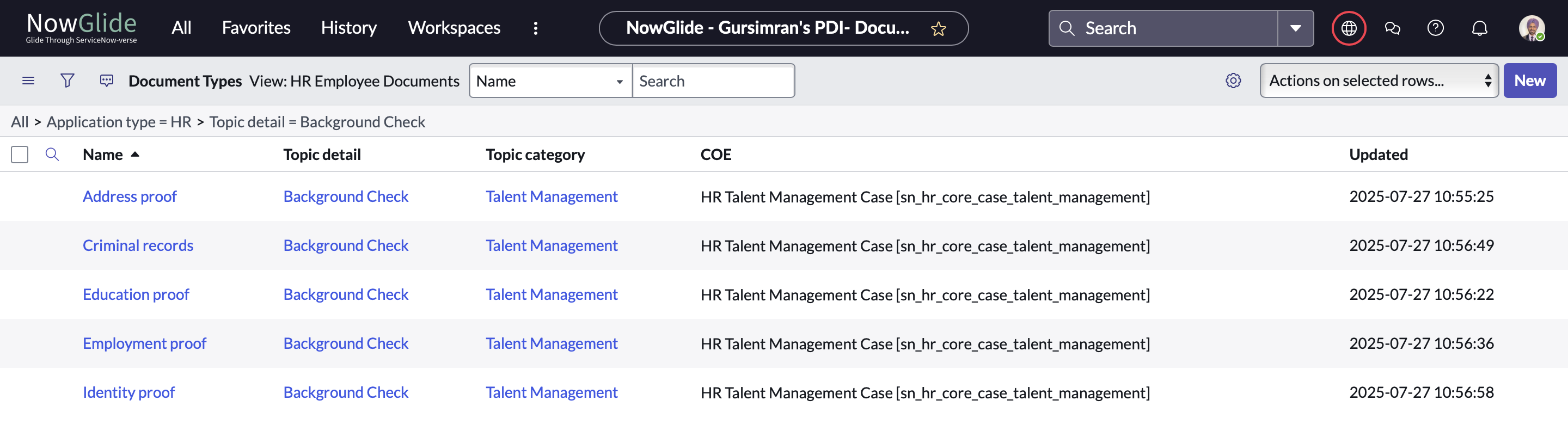 ServiceNow HRSD BGS Document Types