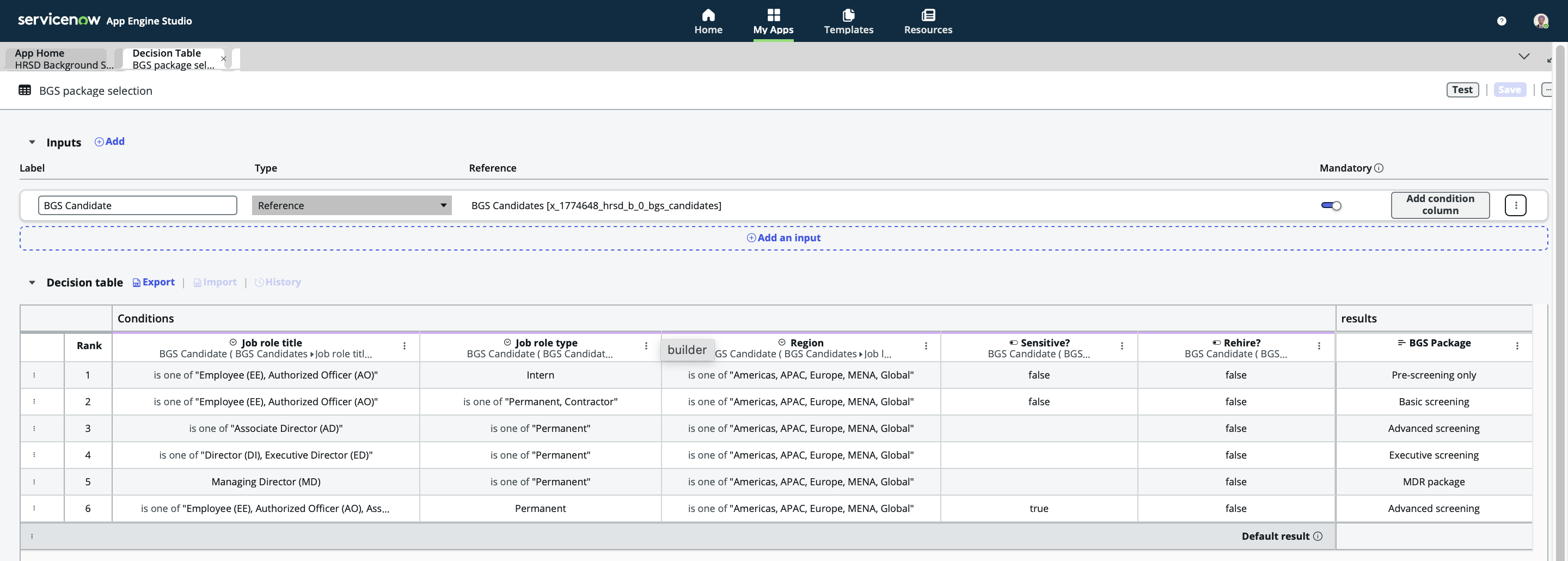 ServiceNow create HRSD BGS Packages decision table
