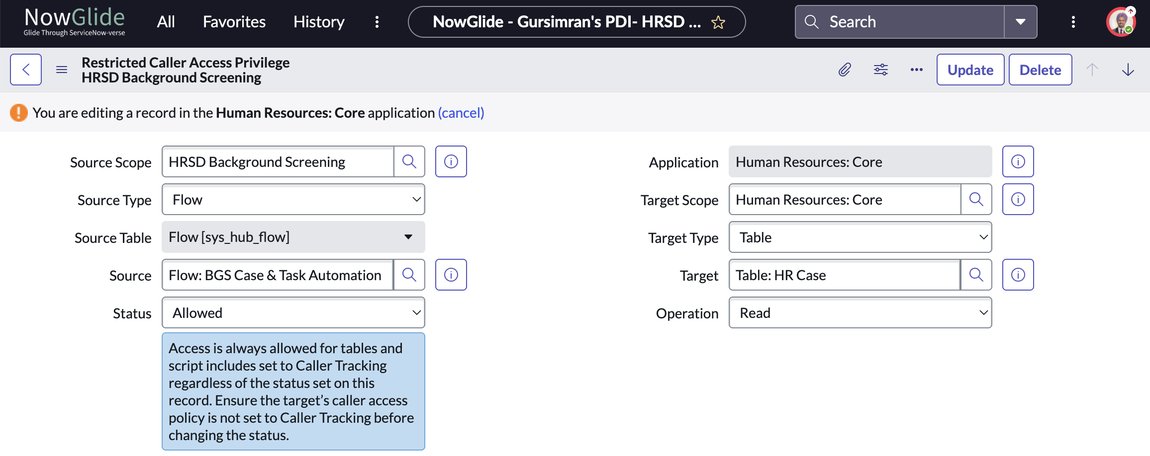 ServiceNow approve restricted caller access privilege records