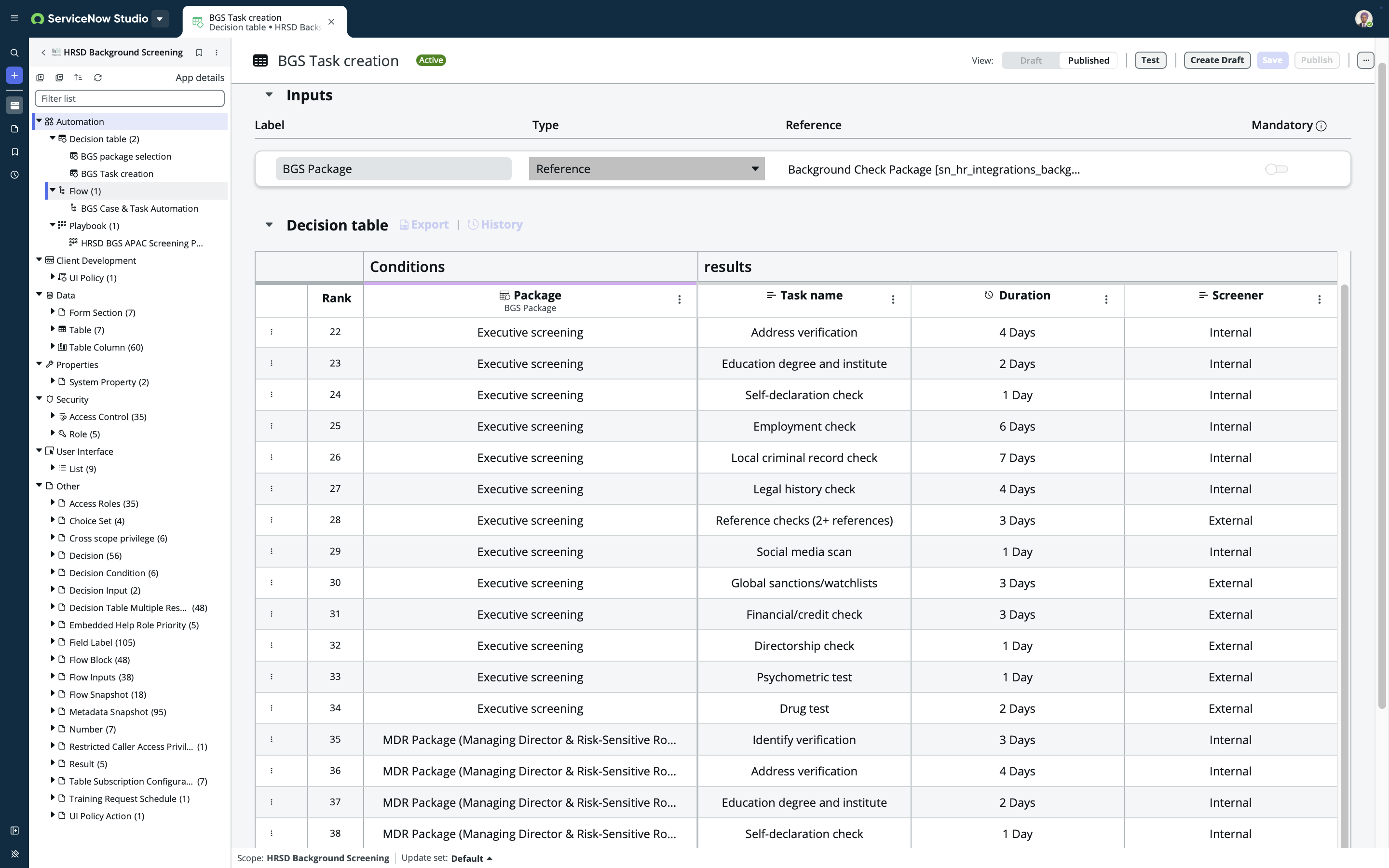 ServiceNow create HRSD BGS Tasks decision table