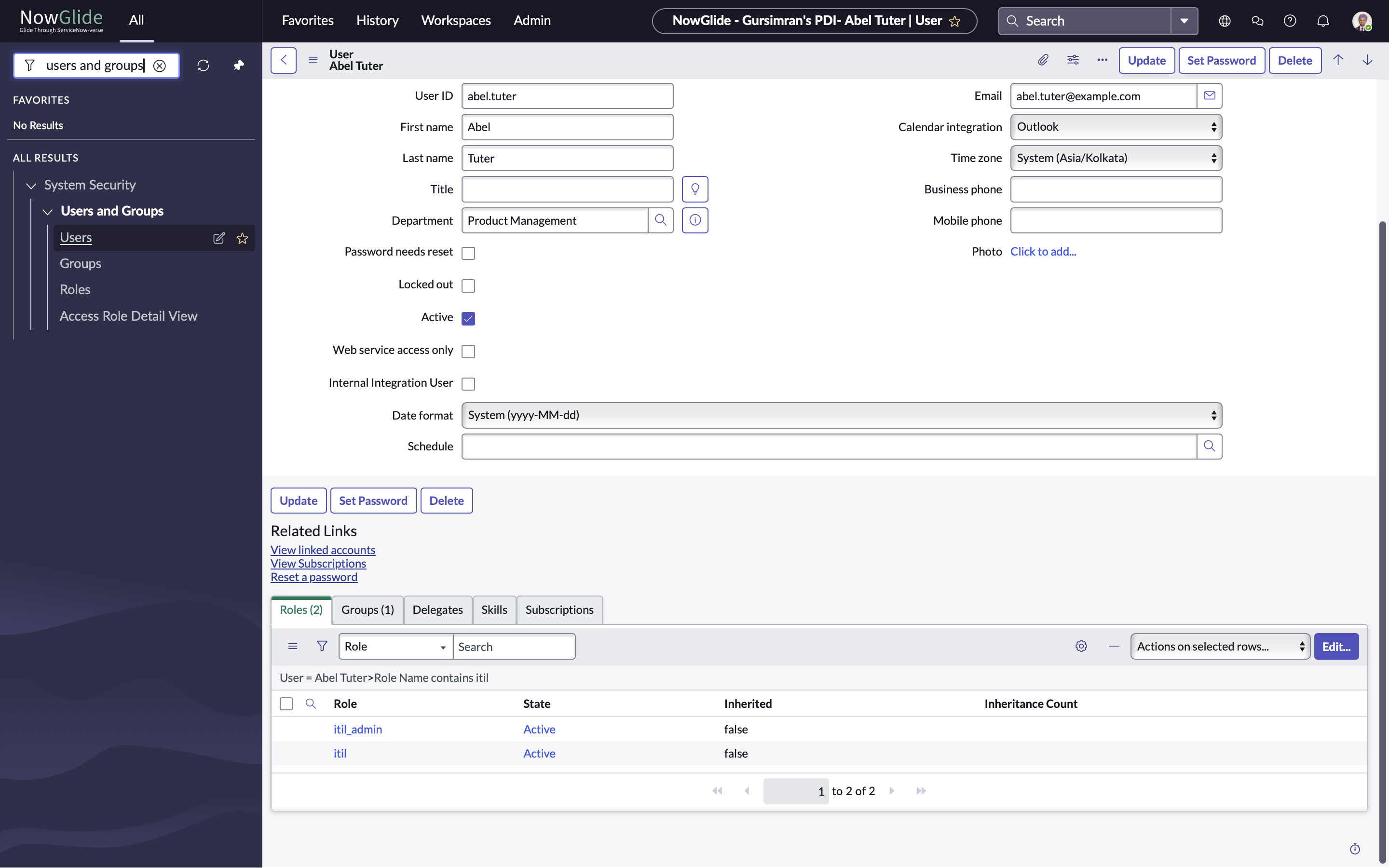 ServiceNow sample user with ITIL roles