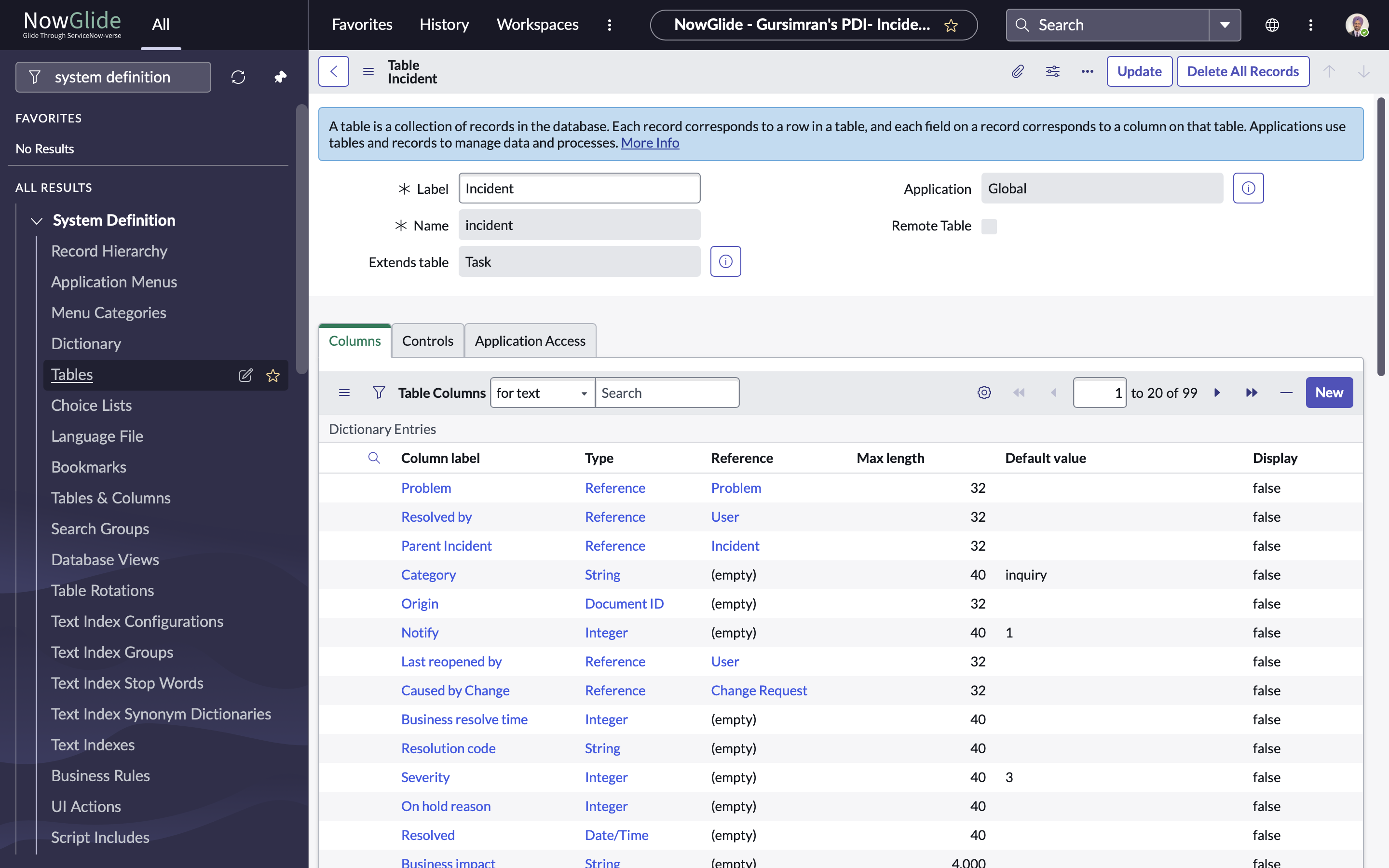 ServiceNow Incident System DB Object
