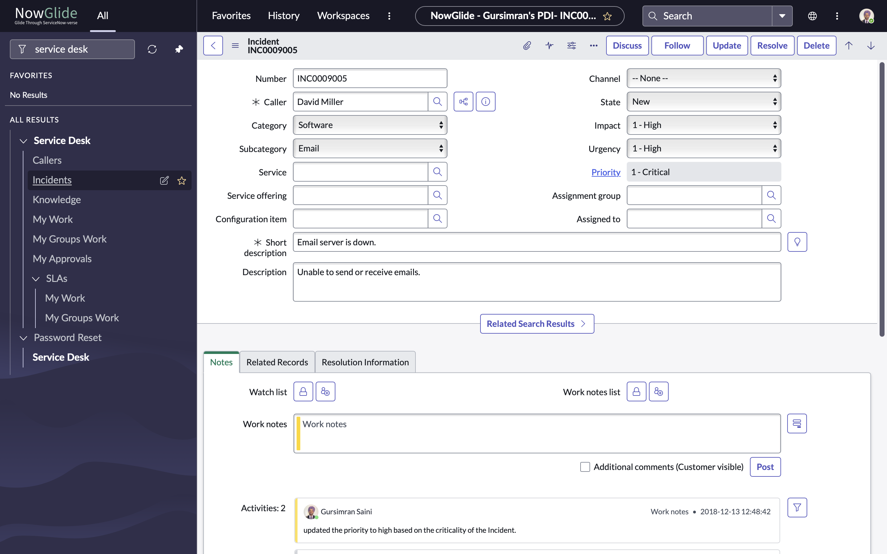 ServiceNow sample Incident record